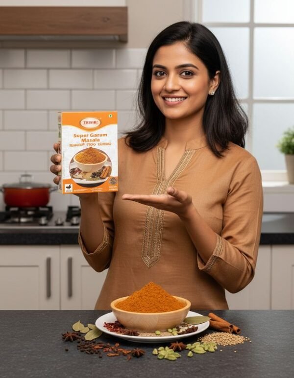 Trishu Super Garam Masala – Premium blend of natural Indian spices for rich aroma and authentic taste in every dish.