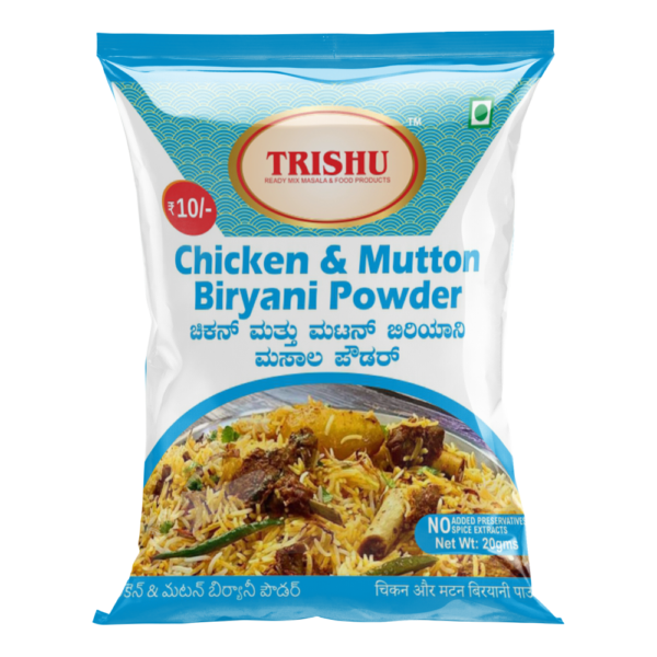 Packaged Chicken and Mutton Biryani Powder by Trishu, featuring a blue design and price tag.